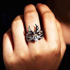 Vancaro Crown Shaped Black Deer Antler Ring Set With Heart Stone Engagement Rings Bridal Sets Antler Wedding Rings Aquamarine Engagement Ring Unique