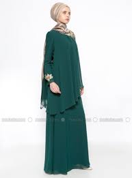 Gupur Detayli Sifon Abiye Elbise Yesil Sevdem Abiye Sifon