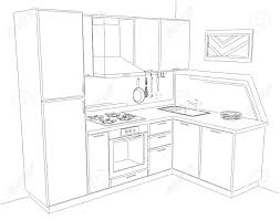 Dessiner une cuisine en perspective. Illustration 3d De Croquis Abstrait De Cuisine Coin Moderne Avec Integre Dans Le Refrigerateur Noir Et Blanc Vue De Perspective Banque D Images Et Photos Libres De Droits Image 73859733