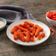 The hot cheetos mozzarella sticks take on a deep red hue, which could be a great way to catch your friends off guard at a party. Cheetos Flamin Hot Mozzarella Cheese Sticks Tasty Rewards