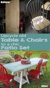 How To Turn An Old Door And Chairs Into Chic Diy Patio Set Or Diy Patio Patio Set Upcycled Furniture Diy