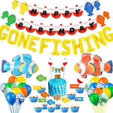 The top is decorated with drop flowers and green grass (grass tip) leaving an oval space to be the pond area. Buy Gone Fishing First Birthday Party Supplies Gone Fishing Balloons Little Fisherman Banner The Big One Cake Topper O Fish Ally One Cupcake Topper Fishing Themed 1st Birthday Party Supplies Decorations Online
