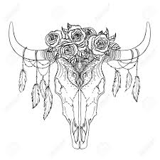 Cow skull coloring book vector illustration. Bull Skull With Rose Flowers And Feathers Hanging From The Horns Isolated Vector Illustration Can Be Tattoo Flash Tote Bag Print Sticker And More Boho Design Poster T Shirt Textile Royalty Free Cliparts