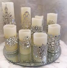 Candle Set Flickering Led Wax Pillar Candle Set Embellished Etsy Candle Embellishments Bling Candles Silver Christmas Decorations