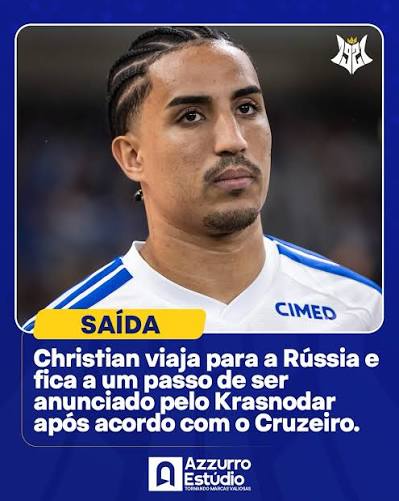 O Cruzeiro confirma a transfer&ecirc;ncia do atleta Christian para o Krasnodar, da R&uacute;ssia. 🤝 No clube desde janeiro de 2025, Christian disputou 85 jogos, marcou gols importantes e se destacou pela versatilidade