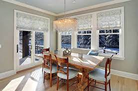 Choose elegant and luxurious roman shades, shutters or wood blinds to match a formal setting. Style Up Your Home This Summer With Cool Roman Shades Dining Room Window Treatments Dining Room Windows Sliding Door Window Treatments