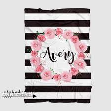 Black And White Personalized Baby Blanket Black And White Striped Floral Baby Blanket Alphadorable Custom Nursery Art And Decor Custom Baby Blanket Floral Baby Blanket Personalized Baby Blankets