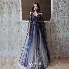 Uroczy Granatowe Sukienki Na Bal 2020 Princessa Spaghetti Pasy Cekinami Tiulowe Frezowanie Krysztal Dlugie Rekawy Bez Gaun Untuk Acara Model Pakaian Gaun Malam