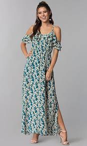 Cold Shoulder Maxi Dress With Teal Blue Print In 2020 Chiffon Dress Long Blue Dress Casual Cruise Dress