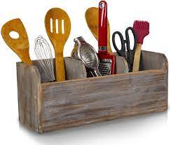 Idesign 51737 kitchen utensil holder, metal wire utensil storage basket, practical kitchen utensil organiser for wooden spoons, spatulas and more, matte black, 15.2 x 15.2 x 17.8 cm. Besti Wooden Kitchen Utensil Holder With 3 Compartments Torched Wood Utensil Organizer For Cutlery Napkins Cups More Large Vintage Countertop Caddy Box Size 6 5 X 14 8 X