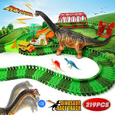 Urtoypia Dinosaur Toys Race Car Track 219pcs Electric Dinosaur Race Track Toy Play Set With Moving Head And Sound Diy Flexible Dinosaur Train Track Toy Birthday Gift Car Toys For Boys Kids