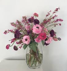 Housewarming Flower Arrangement Made With Pink And Purple Ranunculus With Boronia Heathe Purple Flower Arrangements Pink And Purple Flowers Flower Arrangements