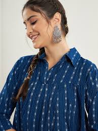 Royal Blue Kantha Striped Cotton Fit & Flare Collared Kurti Midi Dress for  Women