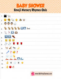 A modern and fun shower game for your guests. Free Printable Baby Shower Nursery Rhymes Emoji Quiz