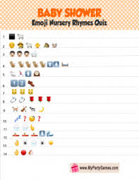 This free emoji pictionary baby shower game printable uses images to guess the name of. Free Printable Baby Shower Nursery Rhymes Emoji Quiz