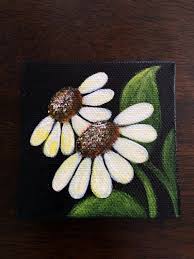 Black And White Flower Painting Ideas Hand Painted Mini Canvas Magnet Of White With Yellow Daisies On Black Background Size 3x3 On Etsy 19 Canvas Art Painting Flower Art Painting Mini Canvas Art