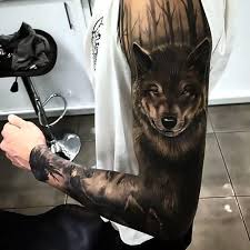 Black And Grey Realism Wolf Tattoo Gorgeous Wolf Black Sleeve Style Black And Gray Color Black Tags Best Amazing Great Wolf Tattoo Sleeve Forest Tattoos Wolf Tattoos