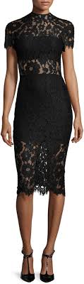 Neiman Marcus Alexis Leona Short Sleeve Lace Sheath Dress Black