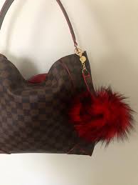 Black And Red Louis Vuitton Bag Damier Ebene Canvas Trim Red Black Faux Fur Pom Bag Charm Upcycled Louisvuitton Accessories Design Lv Damier Ebene Louis Vuitton