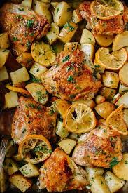 Roasted Lemon Chicken Thighs With Potatoes Recipe Lemon Chicken Thighs Recipes Chicken Recipes