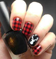 Plaid And Deer Buck Nails Red And Black Fall Autumn Nails Squoval Nails Plaid Nails Country Nails