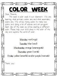 Colors And Kindergarten Color Week Notes To Parents Kindergarten Parent Letters Kindergarten Colors