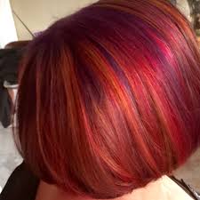 A Delicious Blend Of Purple Red Orange And Blue Wine Hair Color Wine Hair Hair