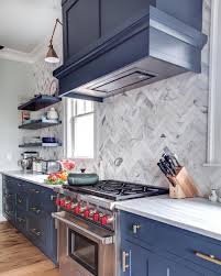 Hale Navy Cabinet Color Backsplash Laid Tile By Tile Too Big To Be On A Mesh Backing Navy Kitchen Cabinets Blue Backsplash Kitchen Kitchen Design