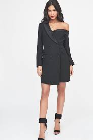 Off The Shoulder Tuxedo Mini Dress With Satin Lapel In Black Mini Black Dress Mini Dress Fashion