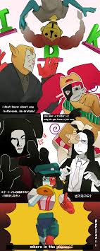 kneksooli, coral glasses, ena (dream bbq), salesperson ena, taski maiden  (ena), ena: dream bbq, ena (series), commentary, english commentary,  highres, 2boys, 4girls, black eyes, black hair, blunt bangs, blunt ends,  bob cut,