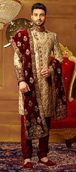 Banarasi Silk Sherwani In Gold With Zari Work Wedding Dresses Men Indian Groom Dress Men Wedding Dress Men