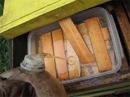 Feeders are used to offer sugar syrup to your bees when the nectar flow is minimal or nonexistent. Syrup With Essential Oils Being Poured Into Homemade Honeybee Feeder Brookfield Farm Bees Honey Blog