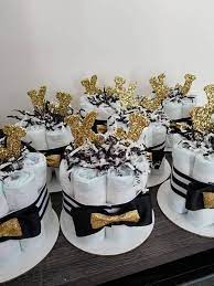 Bow Tie Black And White Strip And Gold Mini Diaper Cakes Baby Shower Diaper Party Gender Bow Tie Baby Shower Theme Bow Tie Baby Shower Gold Baby Shower Boy