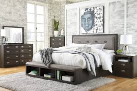 Ashima modern queen bed with upholstered headboard. Hyndell Dark Brown 5 Pc Dresser Mirror Chest Queen Upholstered Panel Bed With Bench Footboard