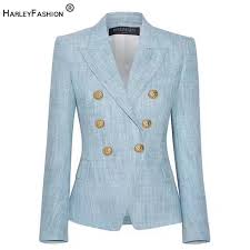 2020 Harleyfashion European Women Elegant Light Blue Blazer Metal Buttons Casual Slim Jackets Outerwear Blazers From Octavi 51 94 Dhgate Com