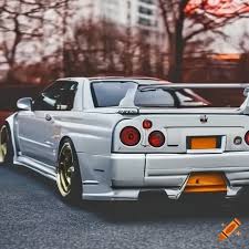 Nissan skyline gtr r34 in white color on driveway on Craiyon