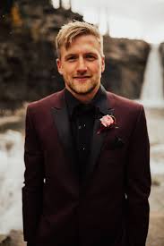 Black And Burgundy Suit Maroon Groom Suit Inspiration Crescent Falls Adventure Elopement Inspiration Via Rocky Mountain Bride Groom Wedding Attire Maroon Grooms Suit Maroon Wedding
