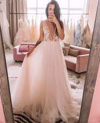 Unique Light Blush A Line Wedding Dress With Deep V Neck Etsy Lace Princess Wedding Dresses Wedding Dresses Blush A Line Wedding Dress
