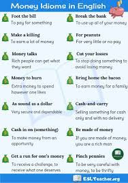 Money Idioms 14 Popular Idioms About Money With Meaning Esl Teachers Idioms And Phrases Idioms English Vocabulary Words