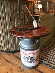 Harley Davidson Milk Can Coffee Table I Made I Used An Old Milk Can Painted It Hammered Gray Attached The Old Milk Cans Man Cave Items Milk Can Coffee Table