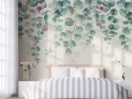 Watercolor Dark Green Vine Leaf Wallpaper Wall Mural Spring Etsy In 2020 Wall Wallpaper Wall Murals Home Decor