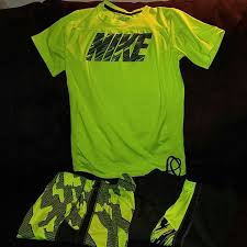 Black And Neon Green Nike Shirt Nike Dri Fit Boys Size Large Shirt And Shorts Neon Yellow Shorts Large Shirts Nike Dri Fit