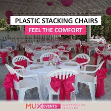 Hire Comfortable Plastic Stacking Chairs For Your Indoor Or Outdoor Events Available On Rent At Muxevents Call 61 434 Chair Hire Party Hire Stacking Chairs