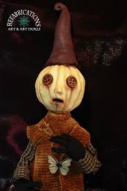 Wicket Pumplestalk" Fabric, Wired Limbs & Clay Art Doll Available for 105  USD plus shipping at :  https://www.refabrications.com/product-page/wicket-pumplestalk-pumpkin-man-sitting-art-doll 