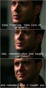 He S Trying To Hold Back The Tears He S Trying To Smile He S Trying To Be Brave For His Baby Brother Supernatural Sam Supernatural Quotes Dean Winchester
