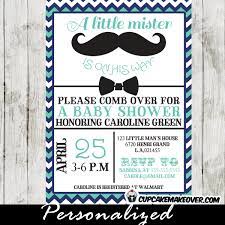 Chevron Blue Mustache And Bow Tie Baby Shower Invitation Personalized Cupcakemakeover