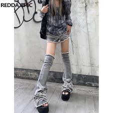 Reddachic Gyaru Fashion Japanese Y2k Harajuku Emo Gray Denim Shorts And  Knee-length Sock Leg Warmers 2 Piece Sets Women Outfit - Jeans - AliExpress