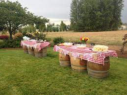Rustic Wedding Rehearsal Dinner Barrel Tables Outdoor Rehearsal Dinner Rehearsal Dinners Wedding Table Settings