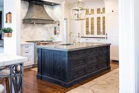 blue gray kitchen island with zinc