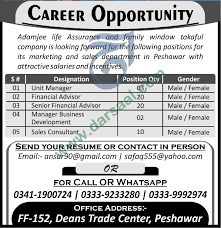 Financial advisors enhance their productivity and ability to serve a large book of business when they're supported by one or more sales assistants. Financial Advisor Jobs In Adamjee Life Assurance Company In Peshawar 23 Apr 2019 Darsaal